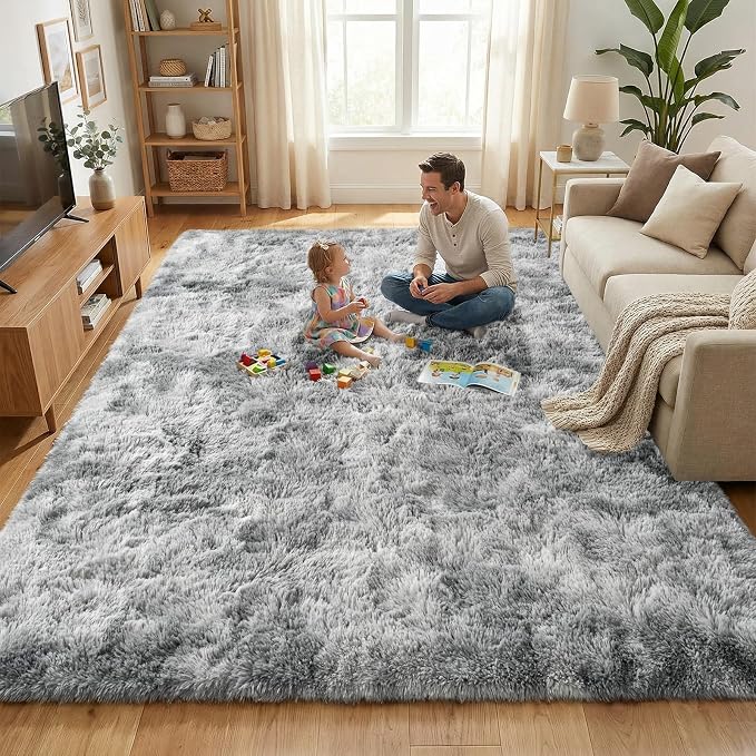 Fluffy Rugs for Living Room: Tie-dye Light Grey Soft Shag Rug for Bedroom, Large Fuzzy Plush Indoor Floor Carpet Non Slip Modern Rug for Nursery Boys Girls Kids Room Dorms Home Decor, 9x11 Feet