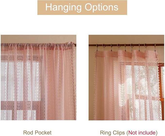 Sutuo Home Light Pink Boho Curtains 84 inches Long for Girls Bedroom Living Room,Lace Sheer Window Curtains Crochet Macrame Bohemian Valentine Farmhouse Vintage Tassels Rod Pocket,2 Panels 50" W