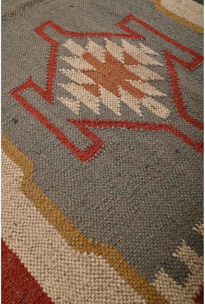 Geometric Kilim Rug Wool Jute Area Rug Kilim Dhurrie Handwoven Braided Entryway Runner Rug Farmhouse Kitchen Rug, Multicolor 3X5