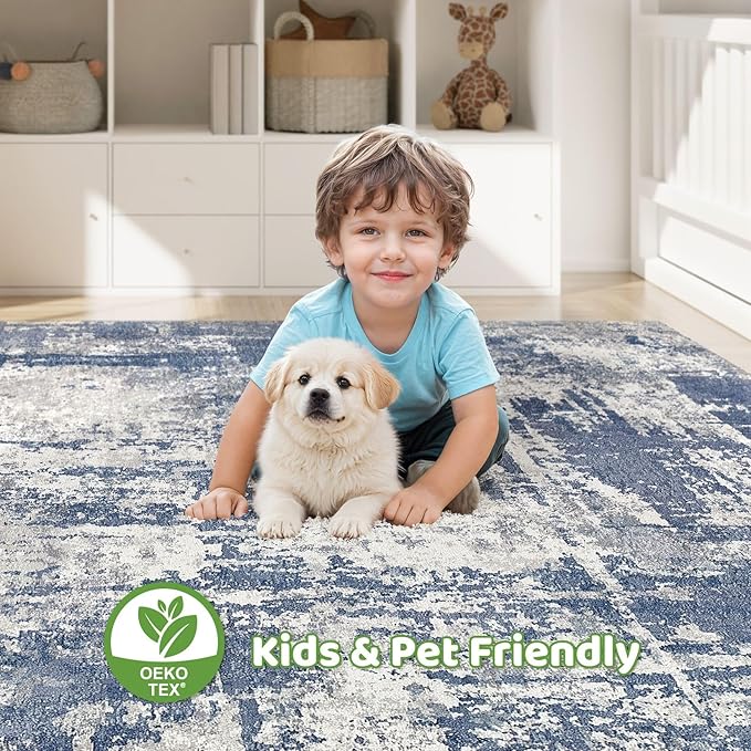 7x10 Area Rug Living Room: Washable Large Abstract Modern Soft Rug Stain Resistant Indoor Floor Non Slip Accent Carpet for Bedroom Nursery Playroom Dining Room Office Dorm Home House- Navy Grey