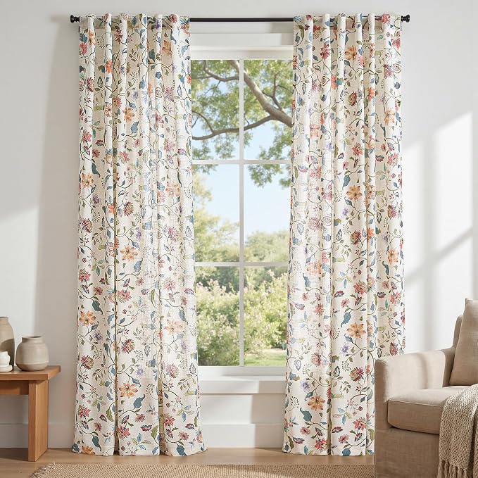 jinchan Beige Floral Linen Curtains 90 Inch Cottage Core Back Tab 2 Panels | Vintage, farmhouse, light filtering, semi sheer, drapes, flower, living room, bedroom, privacy, rod pocket, window treatment