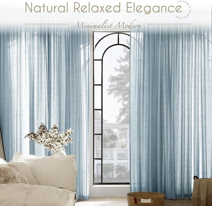 Dusty Blue Linen Curtains for Living Room Back Tab Light Filtering Semi Sheer Light Blue Bedroom Curtains Linen Cotton Textured Grey Blue Drapery Panel Airy Modern Farmhouse Aesthetic Decor 52x96 Long
