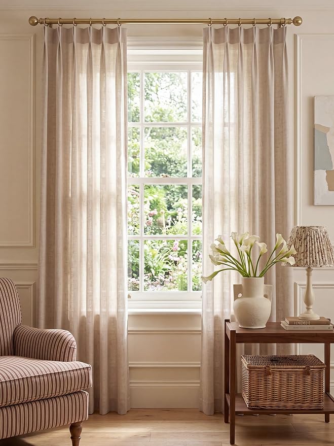 THREE GIRLS Liz Pinch Pleated Linen Curtains Light Filtering Curtains for Living Room, Farmhouse Window Curtains for Bedroom, Modern Drapes with Hooks and Rings, 95 Inches Long, Tapioca, 2 Panels Set