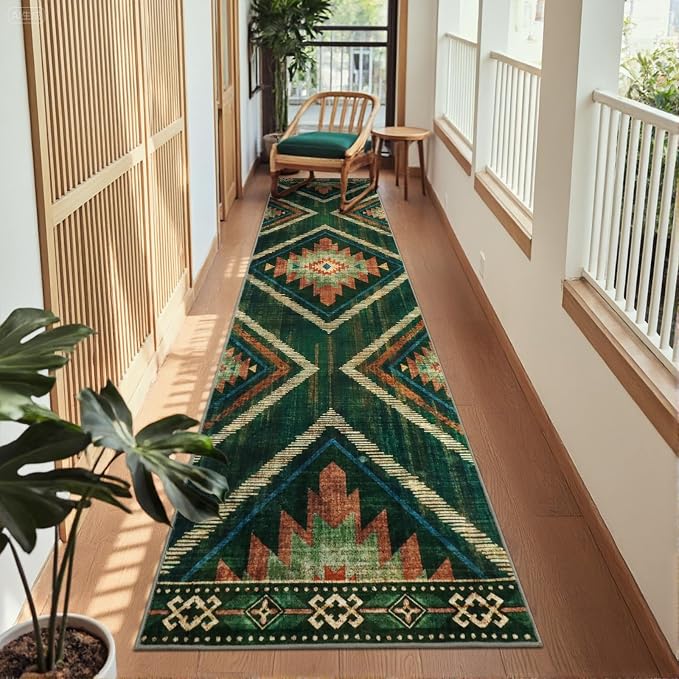 2x10Ft Boho Runner Rugs for Hallway Non Slip, Green Washable Kitchen Rugs, Soft Moroccan Farmhouse Entryway Runner, Low Pile Geometric Floor Carpet for Entrance Bedroom Home Decor