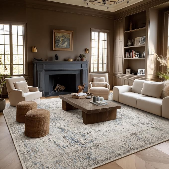 Machine Washable Rugs for Living Room: 8x10 Area Rugs for Bedroom Ultra Soft Non-Slip Low Pile Vintage Distress Boho Large Carpet for High-Traffic Dining Room - Farmhouse Decor