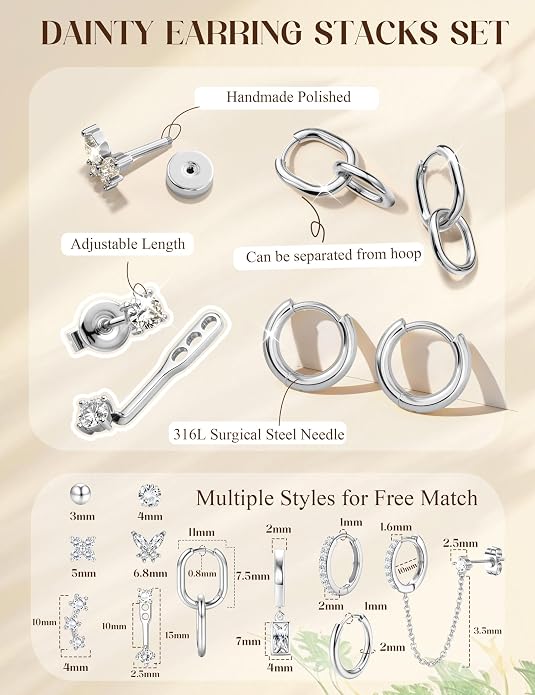 Small 14K Gold Plated Huggie Hoop Earrings for Women Lightweight Double Piercing Chain Earrings Dainty Stud Earrings Hypoallergenic 14K Gold Plated Hoop Earrings Set
