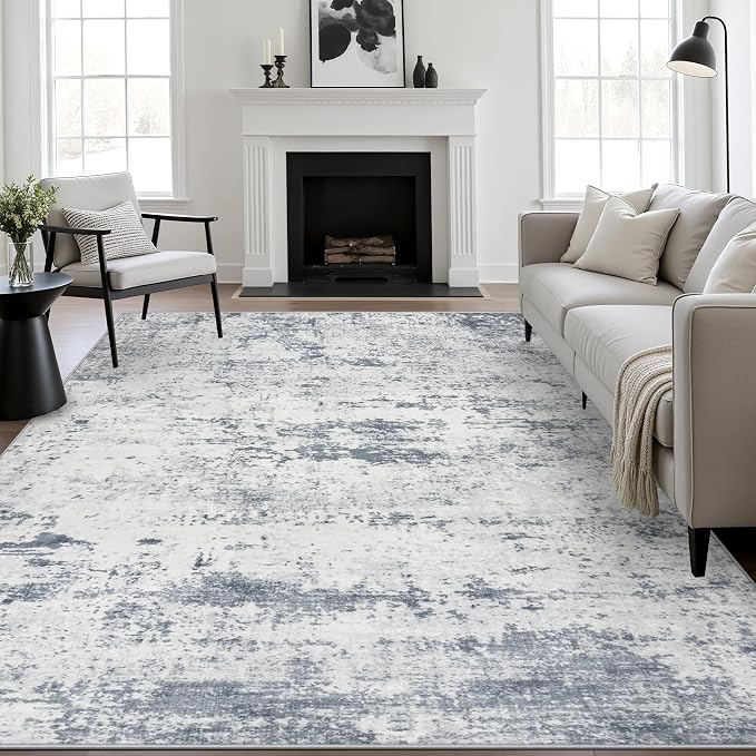 9x12 Area Rug Living Room Rug: Washable Modern Abstract Soft Thin Rug Indoor Floor No Slip Carpet for Bedroom Dining Room Farmhouse Nursery Home Office - Blue Grey