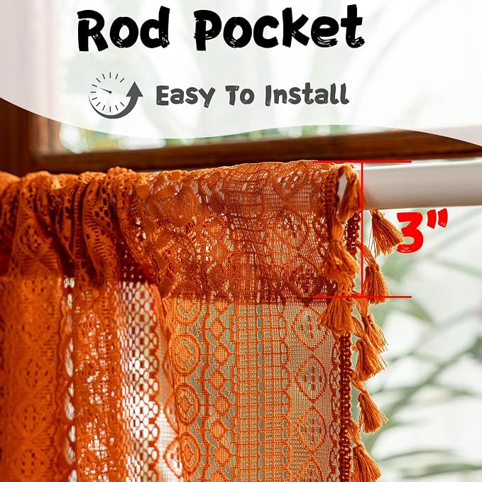 Sutuo Home Terracotta Boho Short Curtains for Kitchen Window Curtains Over Sink, Burnt Orange Crochet Privacy Farmhouse Lace Sheer Vintage Tassels Retro Halloween Rod Pocket,2 Panels 50" W x 18" L
