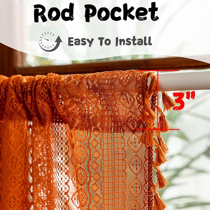 Sutuo Home Terracotta Boho Kitchen Curtains 54 inches Long, Burnt Orange Cottagecore Semi Sheer Privacy Crochet Vintage Tassels Bohemian Lace Window Curtains for Nursery Rod Pocket, 2 Panels 50" W