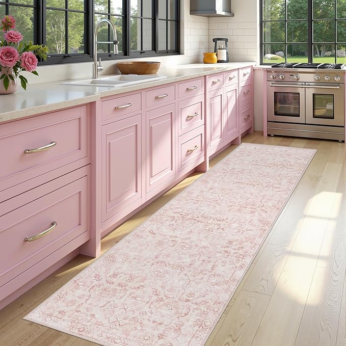 Pink 3x12 Runner Rug for Hallways Bed Side Kitchen, Boho Washable Distressed Low-Pile Floor Entryway Long Bathroom Mat, Non-Slip Laundry Room Washstand Front Carpet 36x144 Inch