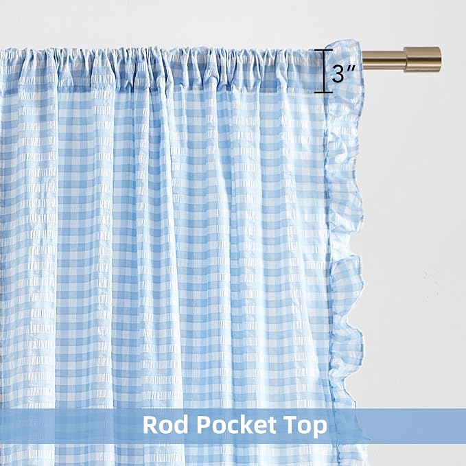 ZJDECOR Baby Blue Buffalo Plaid Ruffle Window Curtain Panels 84 Inches Long | Rustic Crinkled Not-See-Through Sheer Drapes,Shabby Chic Window Treatment,Bedroom Living Room,Rod Pocket,40"Wx84"Lx2