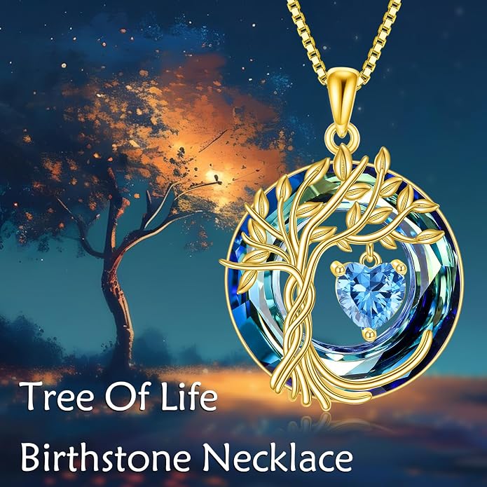 POPLYKE Mothers Day Gifts for Mom Her Wife Tree of Life Necklace 925 Sterling Silver Birthstone Pendant with Crystal Anniversary Birthday Wedding Jewelry for Women