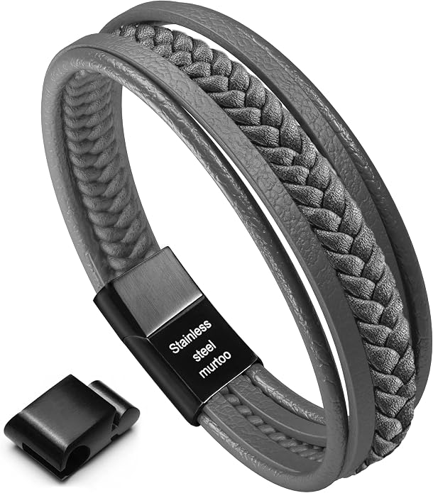 murtoo Mens Leather Bracelet with Clasp Cowhide Multi-Layer Braided Leather Mens Bracelet