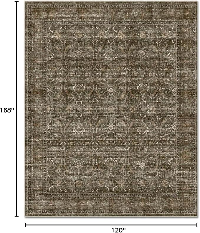Boho Washable 10x14 Area Rugs for Living Room, Cushioned, Red/Brown | Vintage Non-slip Neutral Oriental Rugs for Bedroom Dining Room Nursery Office High Traffic Area
