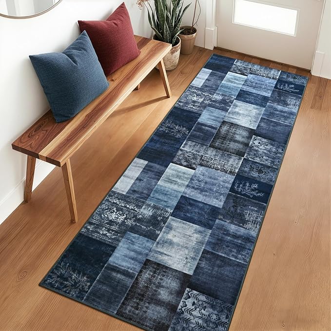 DweIke Runner Rug for for Hallways, 2'x6' Washable Kitchen Rugs with Non Slip Rubber Backing, Soft Low Pile Non-Shedding Geometric Carpet for Laundry Bedroom Bathroom, Navy Blue