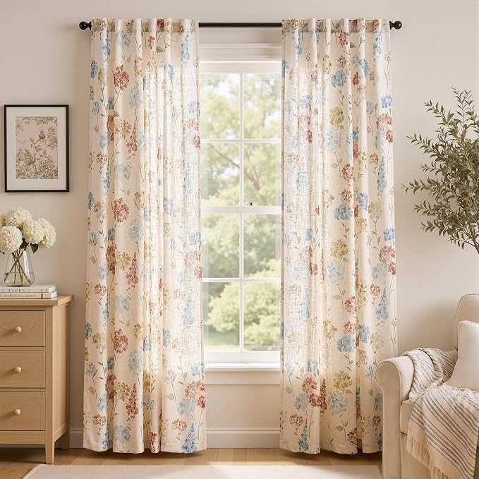 jinchan Floral Linen Curtains 84 Inch Vintage Cottagecore Back Tab 2 Panels | Light filtering drapes, semi sheer, farmhouse, botanical, watercolor, living room, bedroom, rod pocket, window treatment