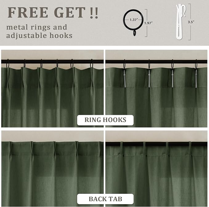 Olive Green Pinch Pleated Linen Curtains 108 Inches Long Semi Sheer | Light Filtering, Ceiling to Floor, Pinch Pleat Drapes, 108 Inch Length, for Living Room Bedroom, With Hooks Rings, 1 Panel
