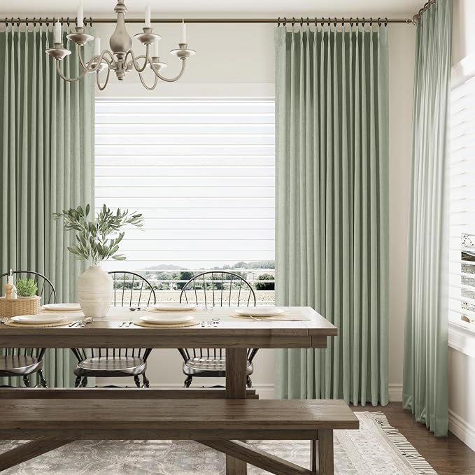 Green Pinch Pleated 90 Inch Curtains 2 Panels for Living Room Sage Linen Curtains 90 Inches Long Pinch Pleat Drapes for Track System Light Filtering Semi Sheer Curtain for Dining Bedroom Office