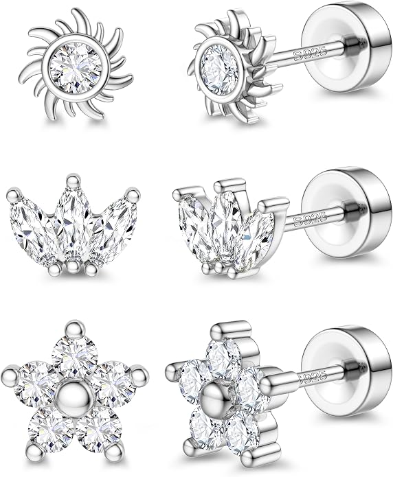 ORAZIO 925 Sterling Silver Flat Back Stud Earrings for Women Hypoallergenic 14K Gold Plated Cartilage Earrings for Sensitive Ears Small CZ Opal Conch Helix Tragus Piercing Jewelry 3 Pairs 20G