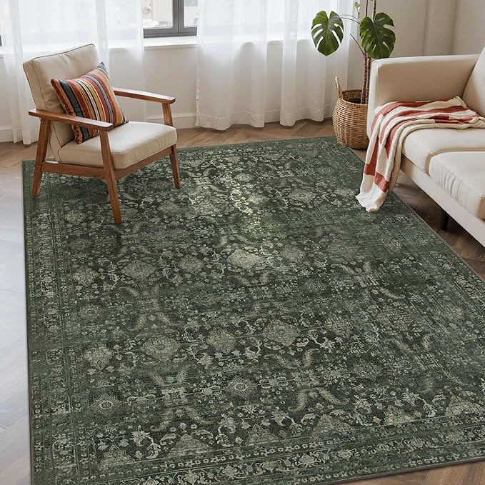 Rugxara Green 4x6 Area Rug Washable Rug for Living Room Bedroom Office | Non Slip, Throw Rug for Entryway Dining Room Kids Room, Stain Resistant, Soft, Low Pile, Vintage Boho Floral Carpet
