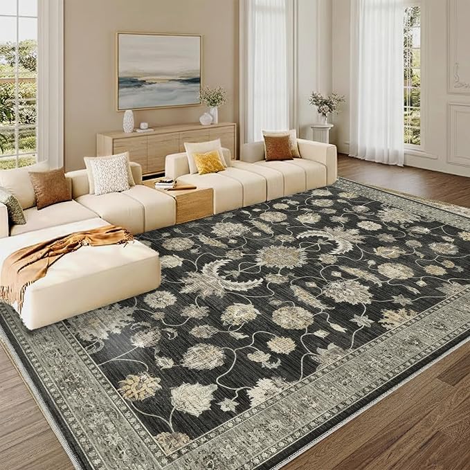 10x14 Area Rug for Living Room-Vintage Farmhouse Boho Floral Washable Stain Resistant Indoor Carpet for Bedroom Office and Home Decor(Black&Gold)
