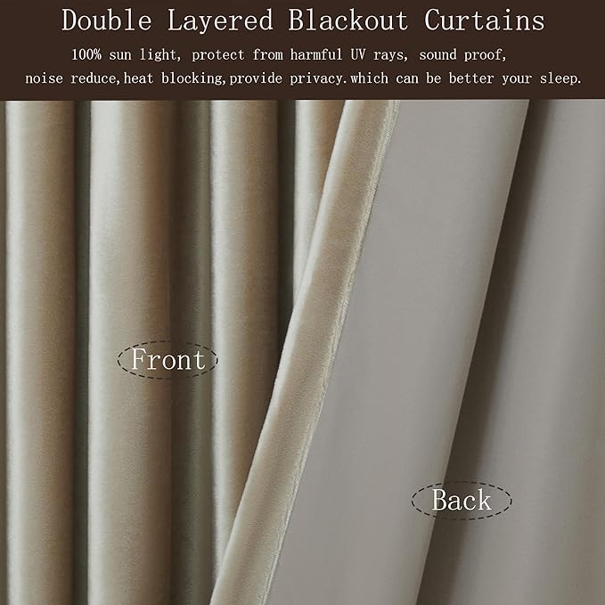 100% Full Blackout Champagne Beige Polyester Velvet Curtains 96 inch Long for Living Room,Set of 2 Liner Rod Pocket Back Tab Thermal Window Curtains Room Darkening Heavy Decor Drapes for Bedroom