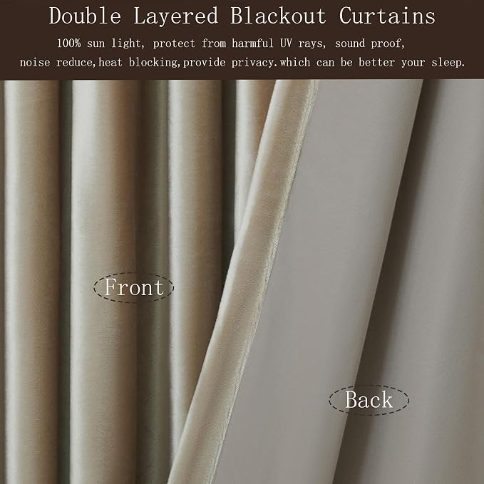 100% Full Blackout Champagne Beige Velvet Curtains 108 inch Long for Living Room,Set of 2 Liner Rod Pocket Back Tab Thermal Window Curtains Room Darkening Heavy Decorative Curtains Drapes for Bedroom