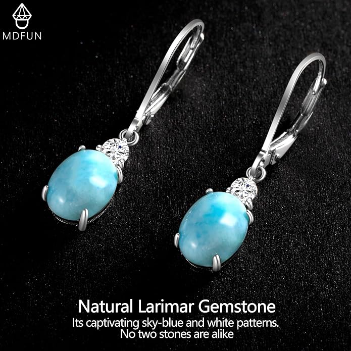 MDFUN 925 Sterling Silver Natural Larimar Earrings for Women Hypoallergenic Dangle Drop Blue Gemstone Leverback Jewelry