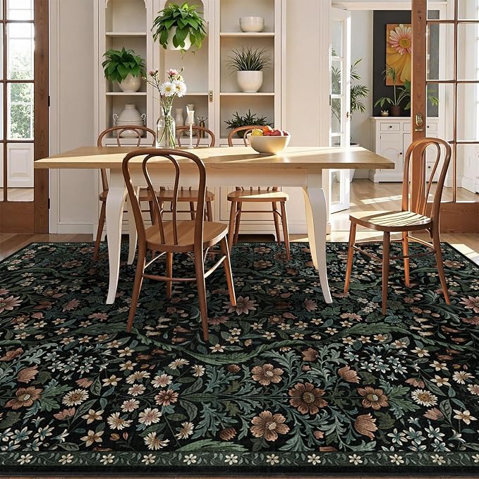 Floral Washable 6x9 Area Rug，Black Boho Rugs for Living Room, Soft Low-Pile Non-Slip Stain Resistant & Non-Shedding Carpet for Bedroom, Dining Room, Office, Entryway, Nursery