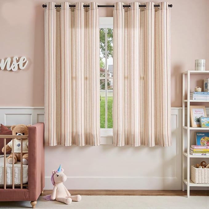 jinchan Linen Curtains 63 inch Red Stripe for Kids Room Grommet 2 Panels | Kids Curtains for Nursery Living Room Bedroom Baby Boys Room,Cute Colorful Ticking Stripe,Cottagecore Rustic,Light Filtering