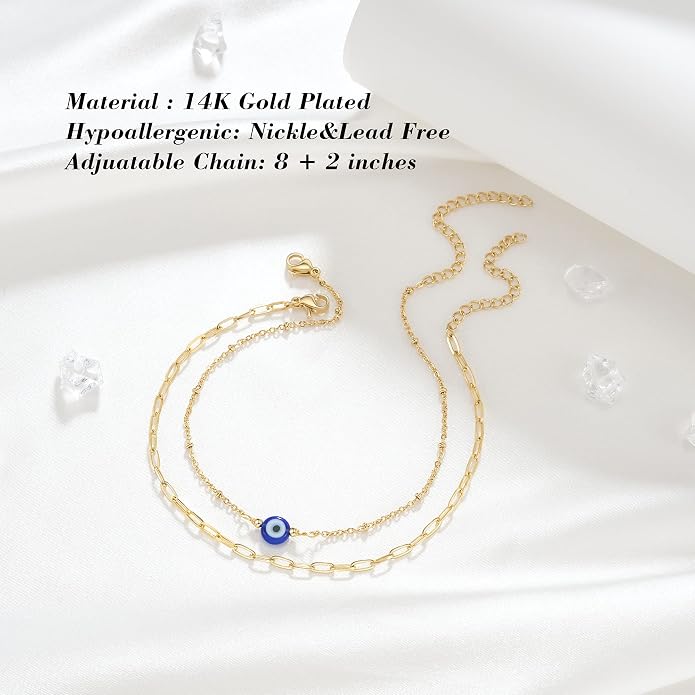 Tarsus Gold Plated Evil Eye Bracelet/Anklets Layered Amulet Nazar for Women
