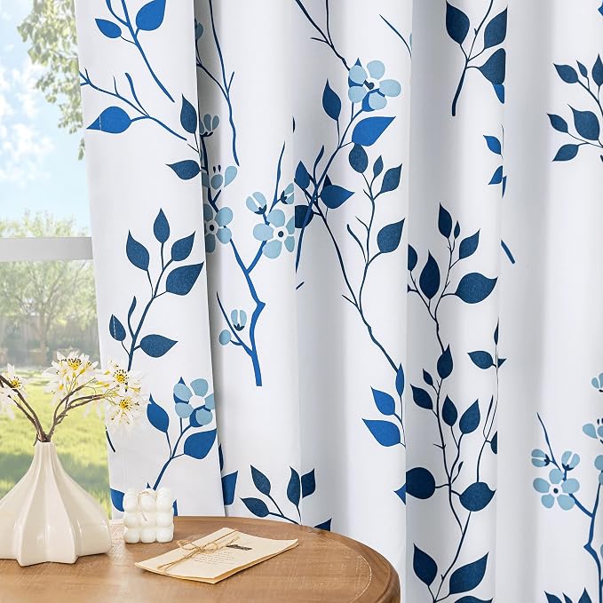 Beauoop Floral 100% Blackout Curtains for Bedroom Navy Blue 52X54 2 Panels | Flower Patterned Navy White Room Darkening Drapes for Living Room Thermal Insulated Soundproof Window treatment Grommet