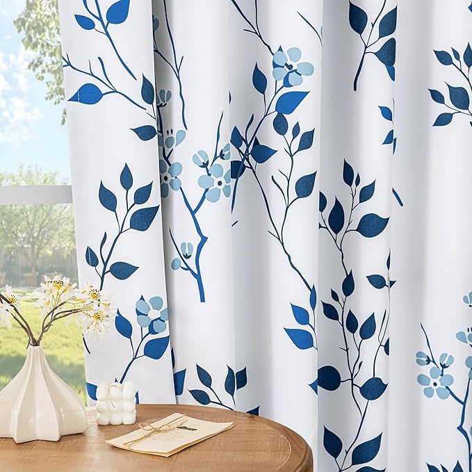 Beauoop Floral 100% Blackout Curtains for Bedroom Navy Blue 52X108 2 Panels | Flower Patterned Navy White Room Darkening Drapes for Living Room Thermal Insulated Soundproof Window treatment Grommet