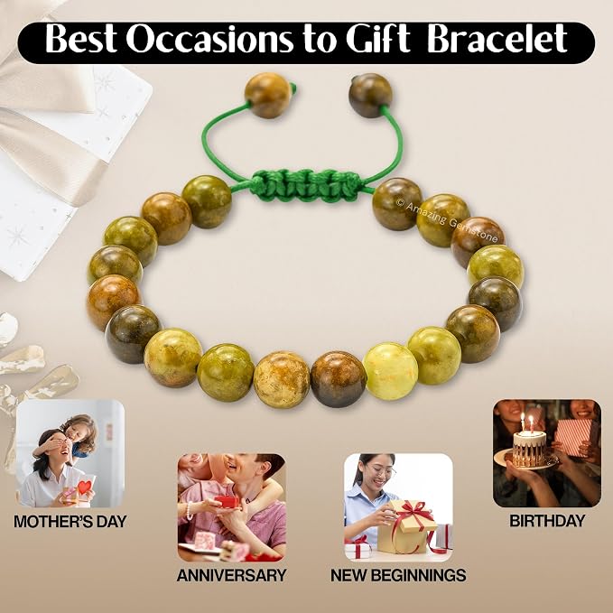 Amazing Gemstone Grossular Garnet Green Bracelet, Gifts for Men & Women - Protection Healing Crystal Bracelet - 8mm Gemstone Beaded Adjustable Bracelet, Pulseras para Hombres Mujer Stocking Stuffers