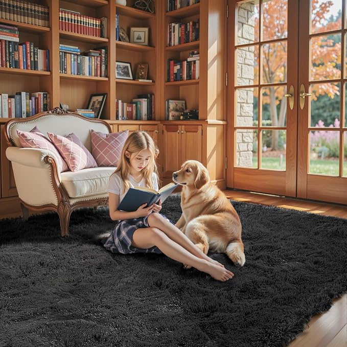Area Rugs 9x12 Living Room,Large Area Rug Shaggy Carpet Soft Plush Furry Bedside Rug, Machine Washable Area Rugs for Bedroom Home Decor Non-Slip(9 x 12, Black)