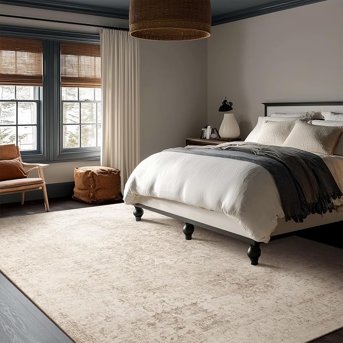 Machine Washable Rugs for Living Room: 8x10 Area Rugs for Bedroom Ultra Soft Non-Slip Low Pile Vintage Distress Boho Large Carpet for High-Traffic Dining Room - Farmhouse Decor