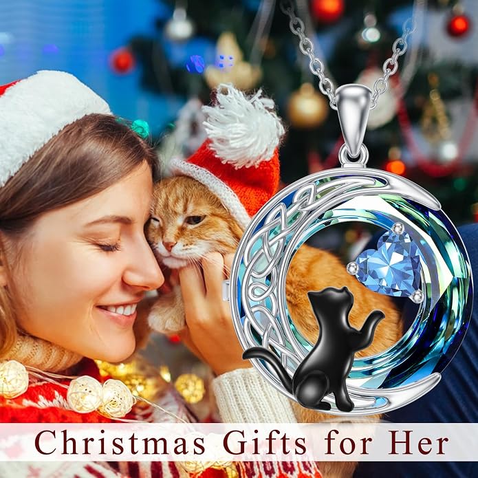 TOUPOP Cat Gifts for Cats Lovers 925 Sterling Silver Black Cat Necklace Celtic Moon Birthstone Jewelry for Women Anniversary Birthday Gift for Her Wife Mom