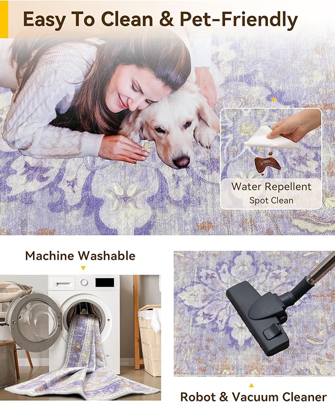 RELEANY Area Rugs Runner 2'6"x5' Washable Non-Slip, Floral Vintage Distress Medallion Carpet for Kitchen Hallway Bedroom Beside Laundry Room Bathroom, Light Purple Brown