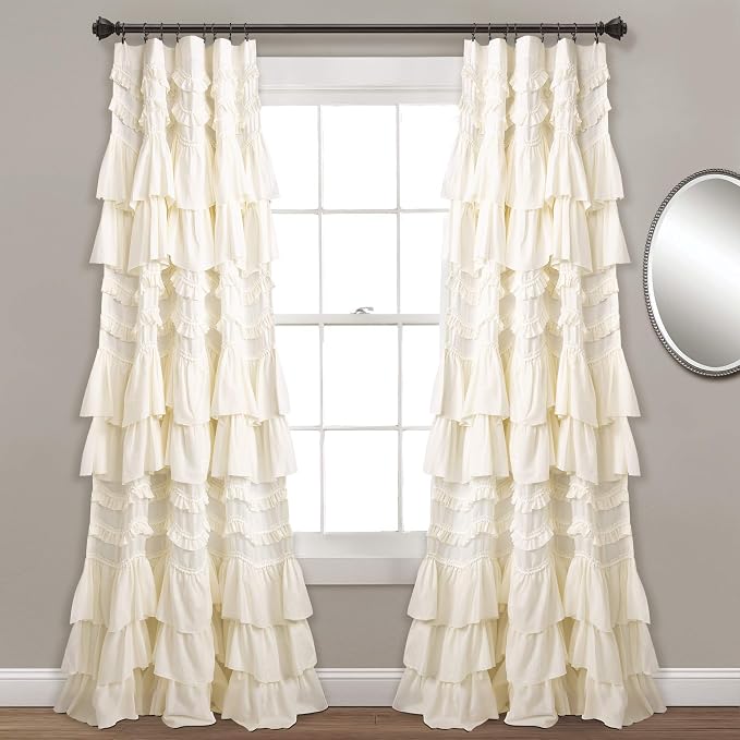 Lush Decor Kemmy Light Filtering Window Curtain Panel Single 52" W x 95" L Ivory - Drapes - Ruffled Curtains for Bedroom - Cream Curtains - Coquette Decor