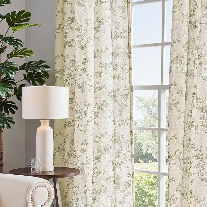 jinchan Green Floral Linen Curtains 96 Inch Flower Drapes Back Tab 2 Panels | Green on beige, light filtering, semi sheer, farmhouse, rustic, country, bedroom, living room, dining room, window treatment