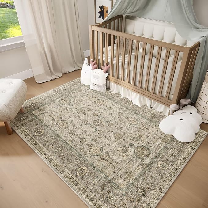 Boho Washable 5x7 Area Rugs for Living Room, Cushioned, Flaxen/Tan | Vintage Non-slip Rugs for Bedroom Dining Room Nursery Office, 0.3" Neutral Oriental Throw Thin Carpet, Flaxen/Tan