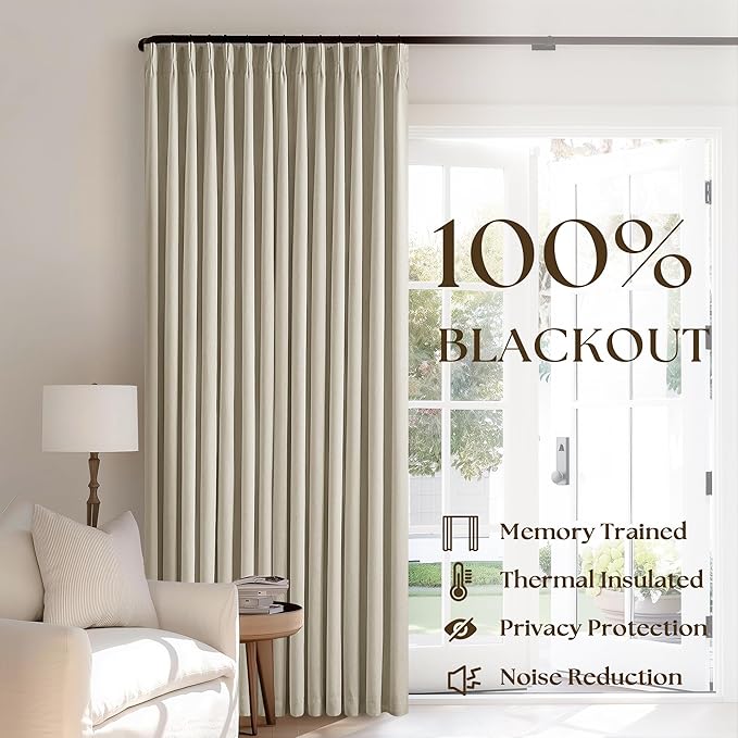 Burlywood Birch Pleated Blackout Linen 92 Inch Long Curtains 60 Inch Wide | 100% Black Out, Memory Trained, Pinch Pleat with Back Tab, Energy Efficient, Thermal Insulated Neutral Drapes W60xL92 1 Panel