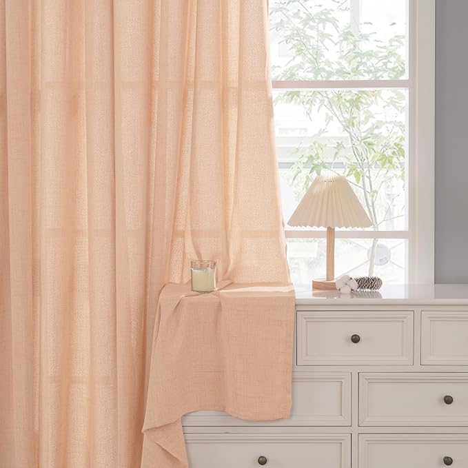YoungsTex Peach Linen Curtains 45 Inches Long for Short Window, Semi Sheer Textured Drapes with Bronze Grommet Light Filtering Spring Decor for Bedroom Living Room, 42 x 45 Inch, 2 Panels