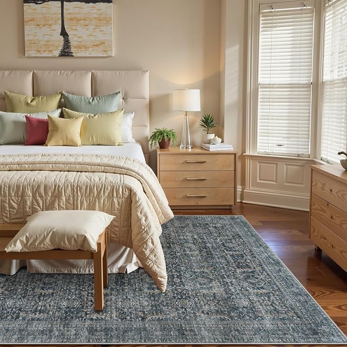 Collive Washable Area Rug 8x10, Vintage Distressed Rugs for Living Room Rugs 8x10 Non Slip Modern Bedroom Carpet Stain Resistant Aesthetic Print Accent Floor Mat for Dining Office - Blue/Grey
