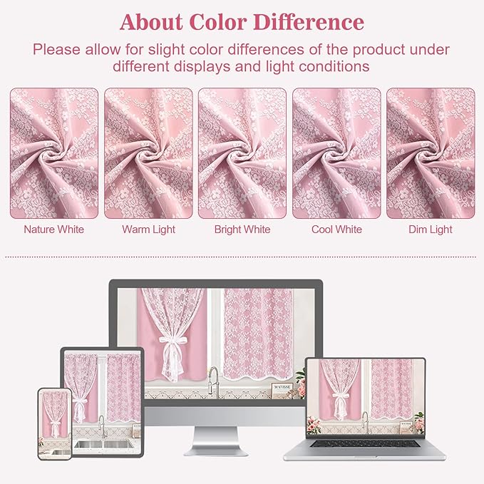 Yinhua Pink Curtains for Girls Room Double Layer Blackout Curtains for Bedroom 84 Inches Long Nursery Curtain for Living Room, Grommet Drapes with Tiebacks, 52" W x 84" L