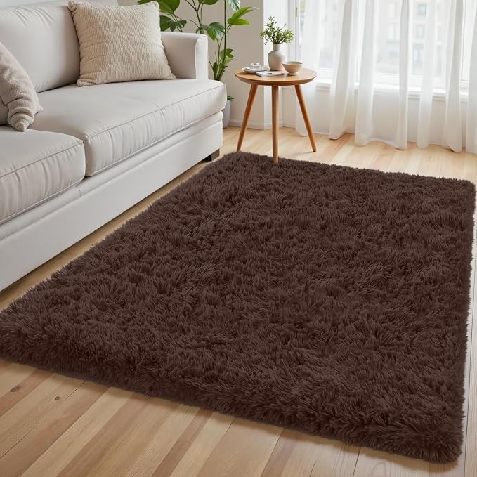 4x6 Area Rug for Living Room, Ultra Soft Fluffy Shag Rugs for Bedroom, Non-Slip Large Fuzzy Plush Rug Indoor Floor Carpet for Nursery Kids Office Dorm Modern Decor, Brown