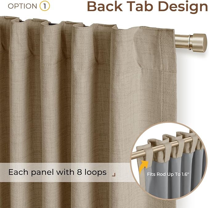 INOVADAY 100% Blackout Curtains 84 Inches Length 2 Panels Set, Back Tab/Rod Pocket Linen Black Out Curtains for Bedroom, Thermal Insulated Window Drapes - Earthy Beige, W50 X L84