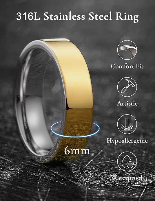King Will 316L Stainless Steel Men's Wedding Band – 6/8 mm Dual-Tone Wedding Ring Polished Finish with Gold/Black Steel Plating, Fashionable and Durable Stainless Steel Men's Ring Size 7-14