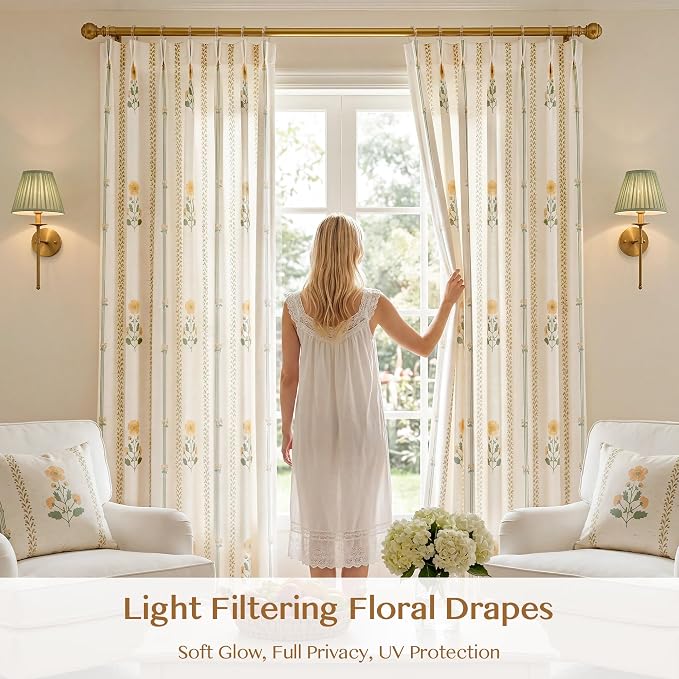 THREE GIRLS Floral Pinch Pleated Light Filtering Curtains 90 Inches - Printed Linen Blend Drapes for Living Room, Bedroom, Dining, Modern Farmhouse with Hooks, 2 Panels Set, 40" W x 90" L Yellow