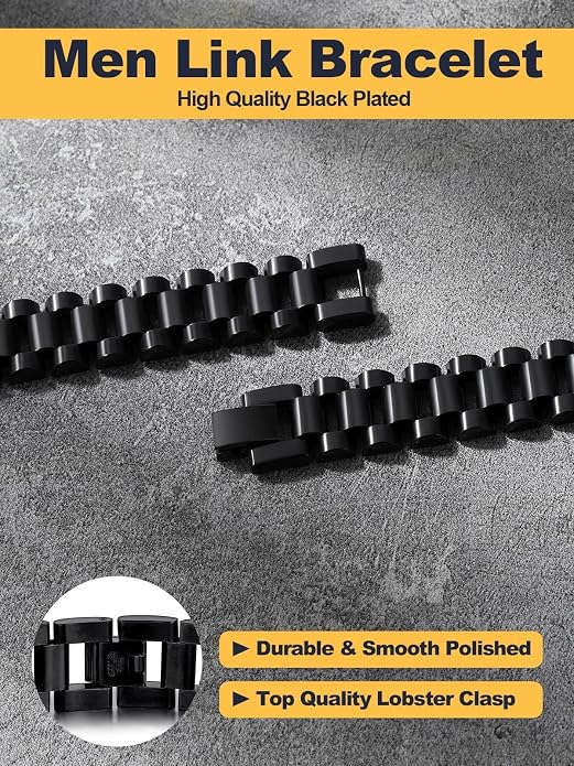U7 Link Bracelets for Men, Cuban Link/Rope/Watch Band Solid Bracelet, Silver Black Gold Color Wrist Bracelet 3/6/9/12/15mm Width, 6.5/7.5/8.3 Inch Length, Hand Chain Jewelry for Mens Women